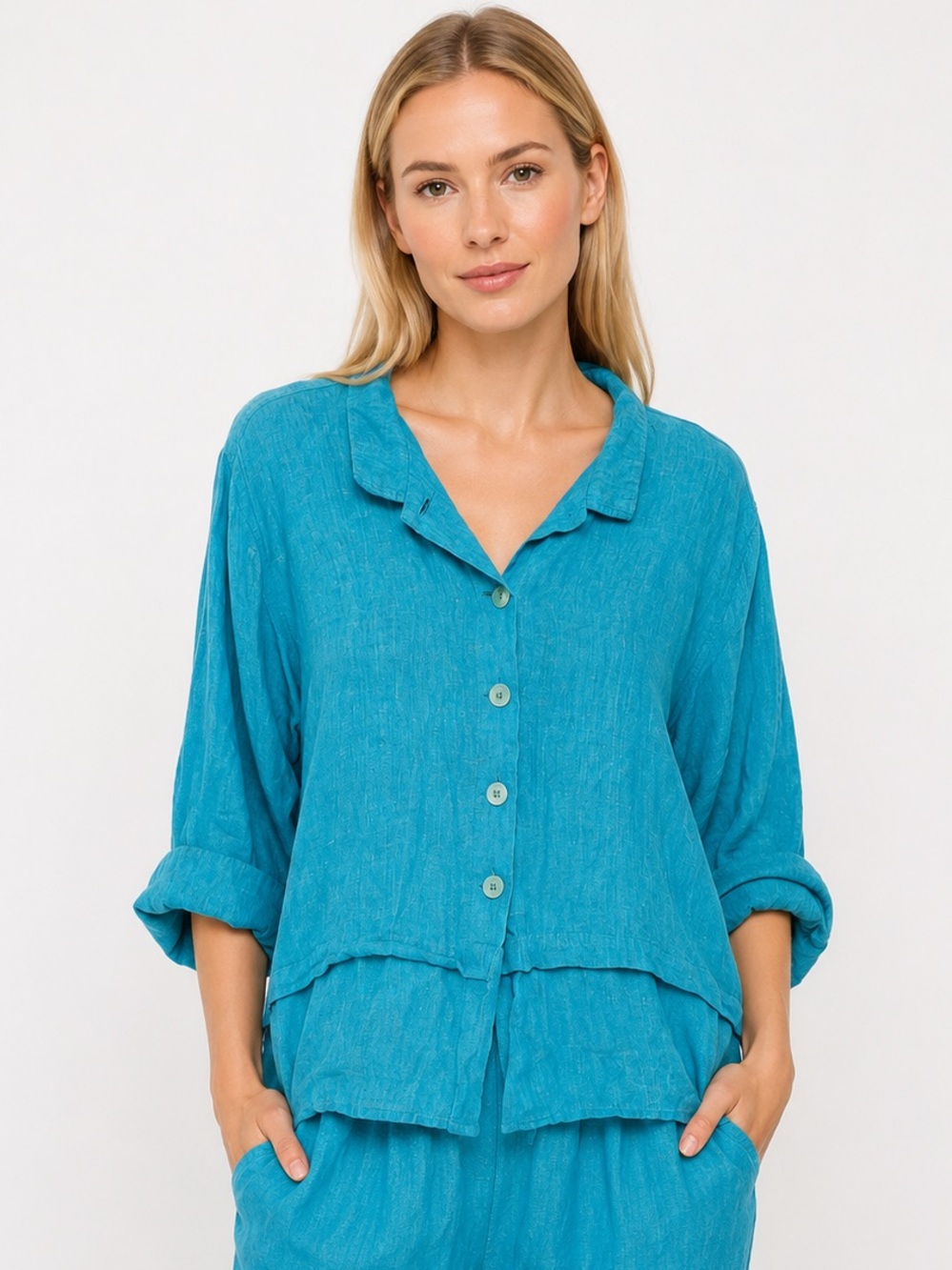 FLAX turquoise blue linen relaxed fit button up blouse